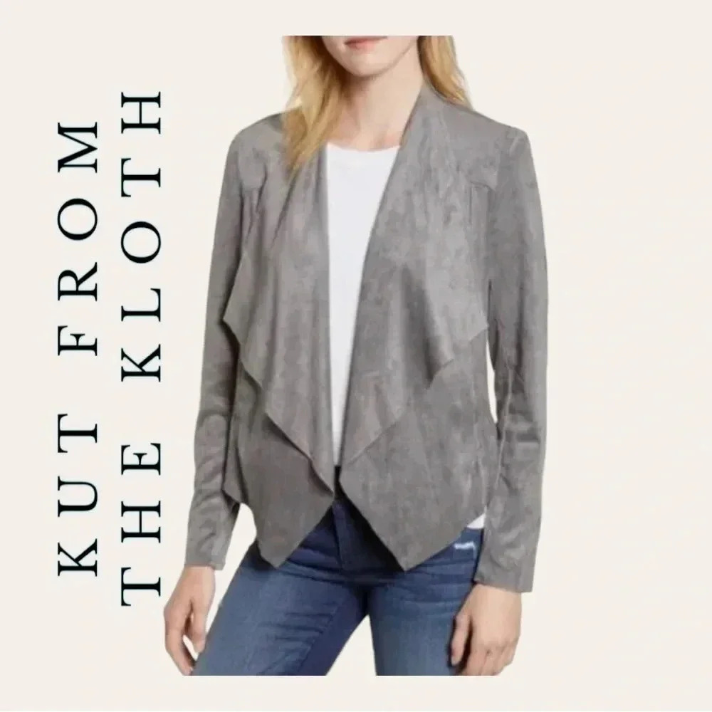 0018. KUT FROM THE KLOTH FAUX SEUDE OPEN FRONT JACKET MEDIUM SILVER GRAY‎ COLOR